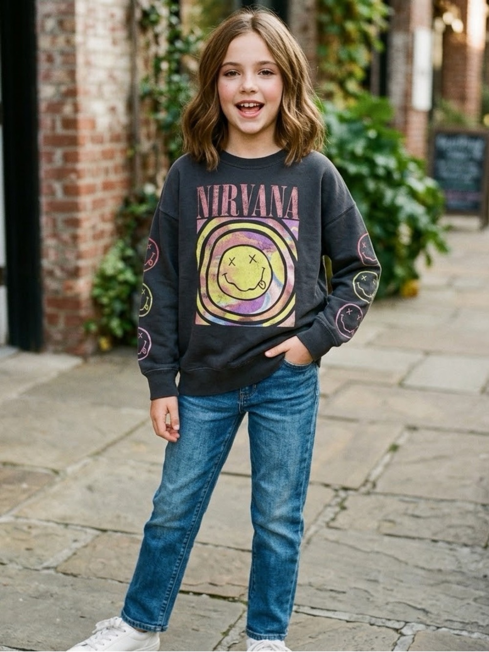 abercrombie kids Black Nirvana Graphic Pullover Sweatshirt with Multicolor Print